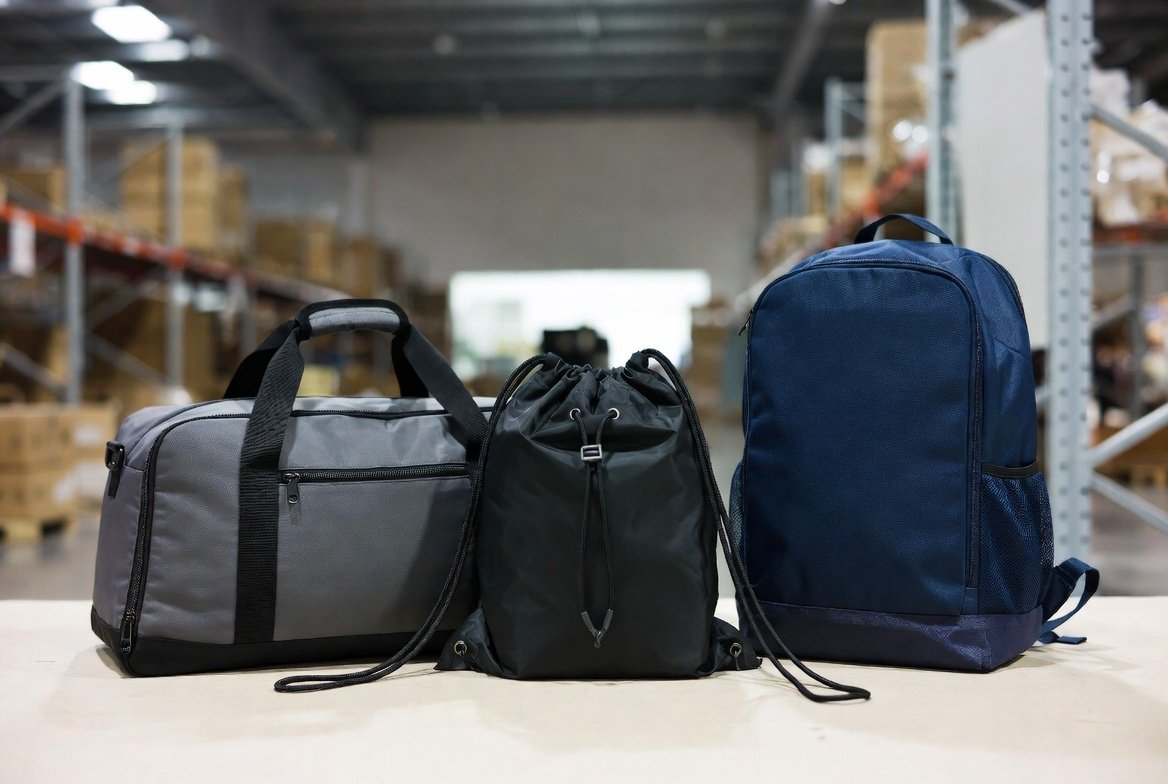 Gym duffel bags and drawstring backpacks in neutral colours displayed together