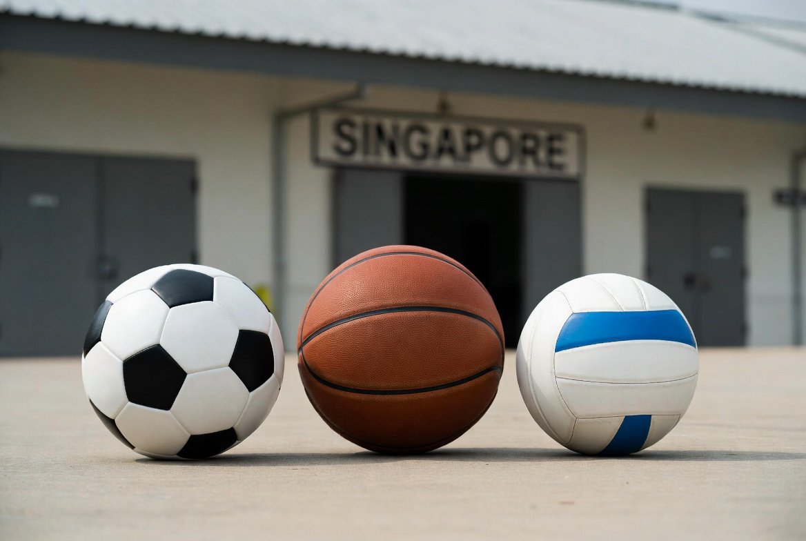 Footballs, basketballs, and volleyballs arranged together as team sports equipment